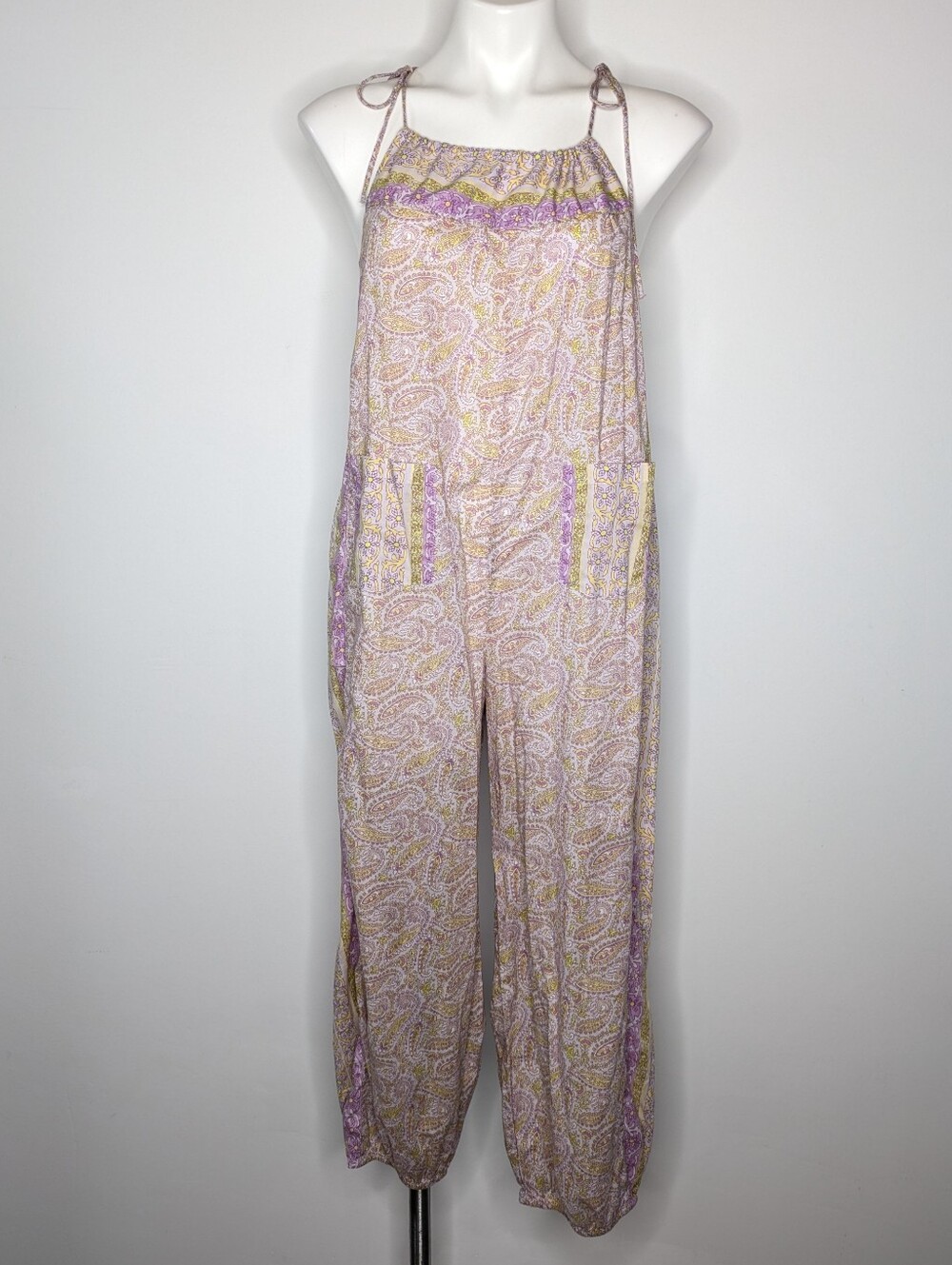 J Crew Beachware Purple Yellow Paisley Spaghetti Tie Strap Jumpsuit Cover Up S